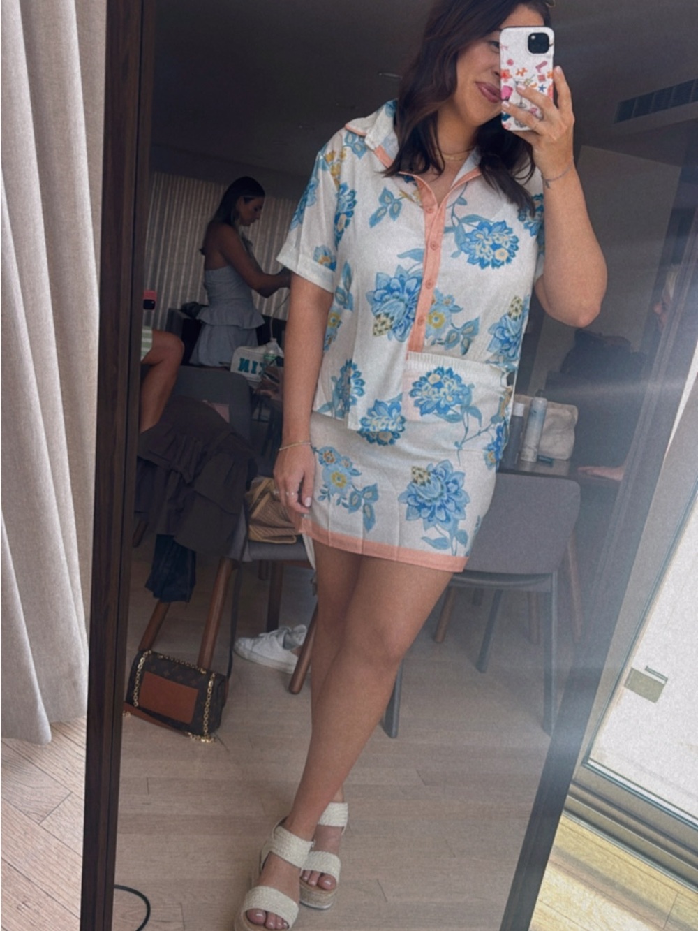 SHEIN White Mini Skirt Set with Blue Floral and Pink Trim